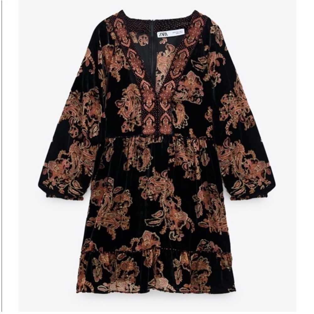 Zara Mini Dress size S Black Floral Velvet Ruffle Trim 3/4 Puff Sleeve Boho